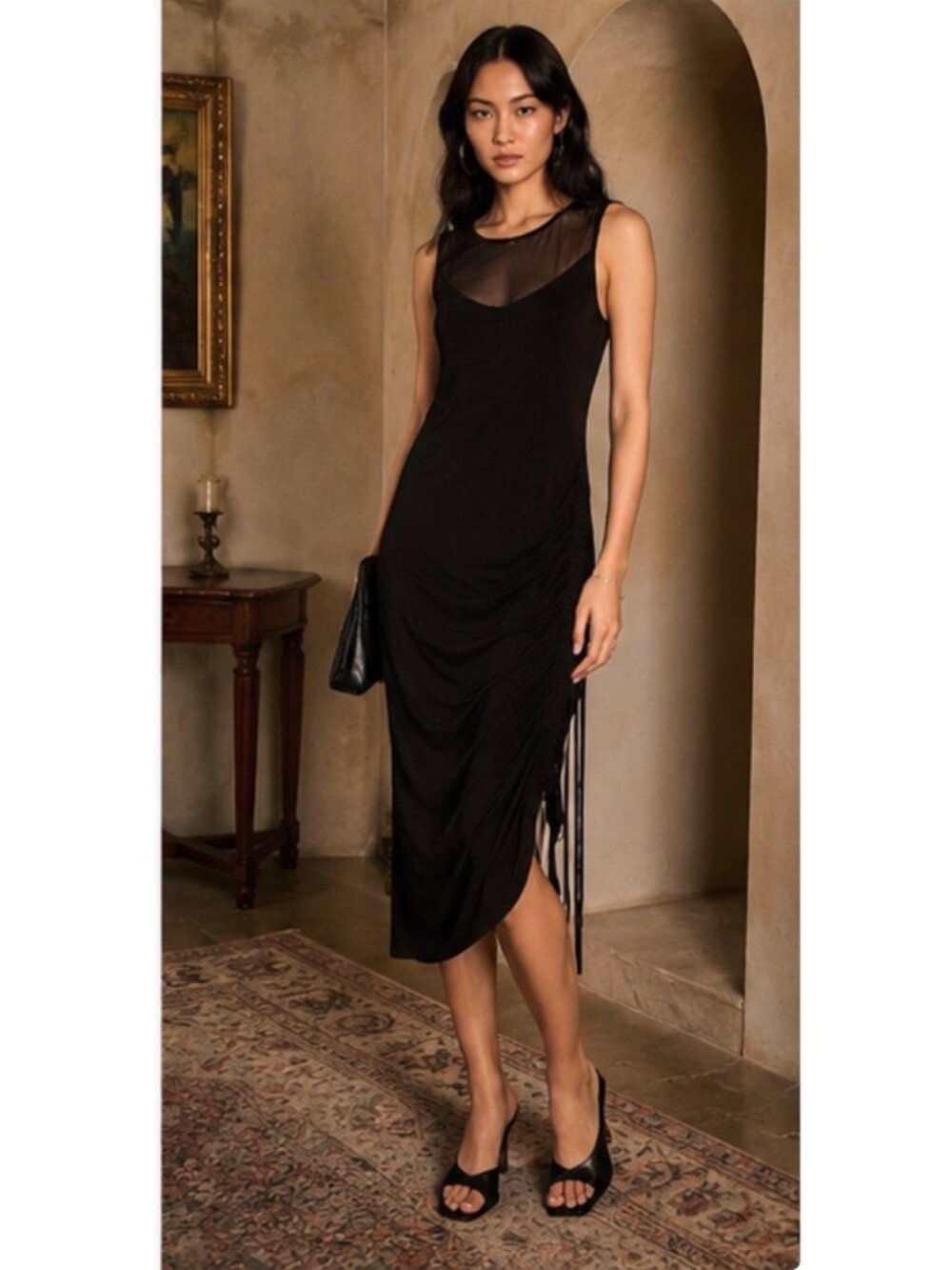 Opening Ceremony Mesh Panel Ruched Midi Dress Black Size Medium New With Tags